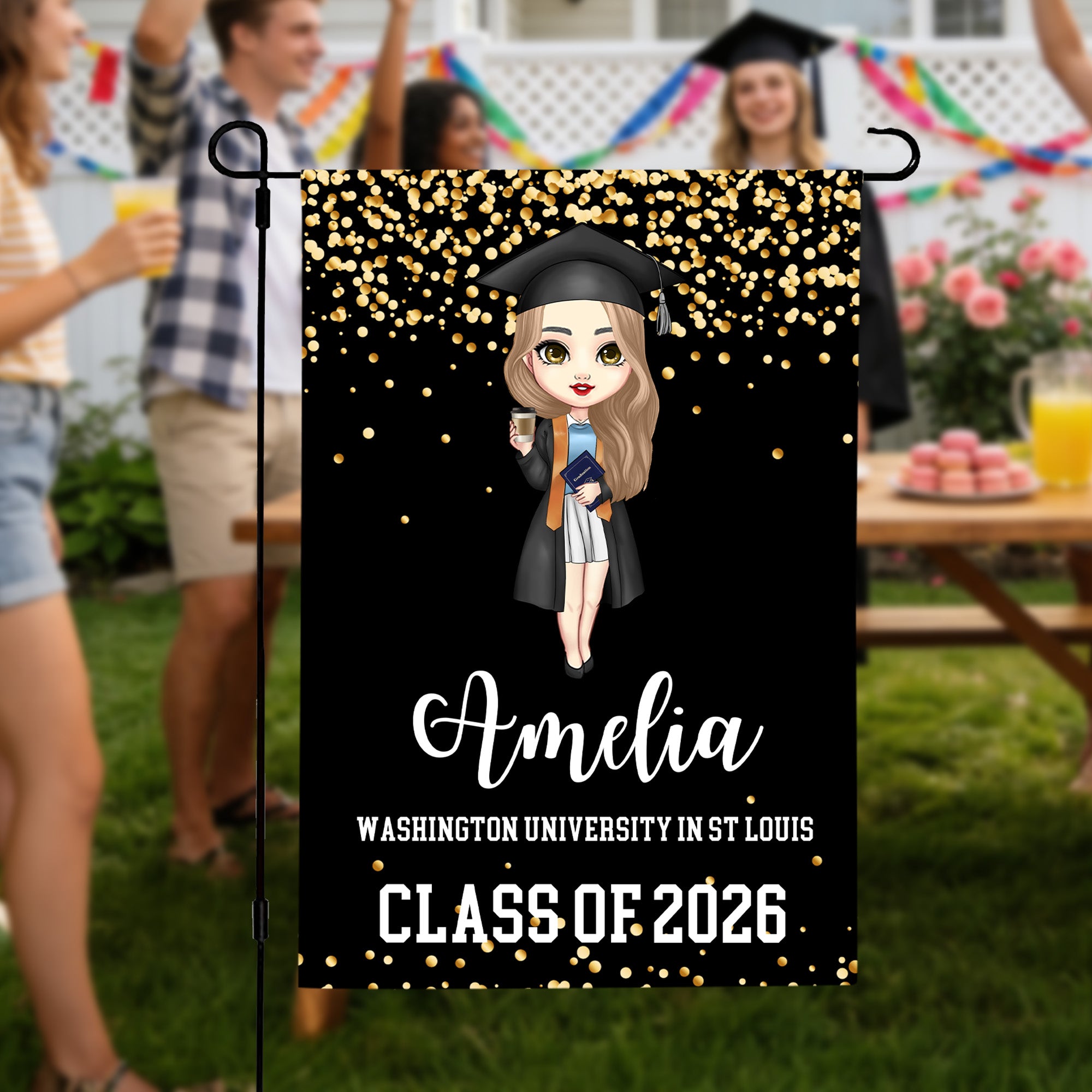 Bandera personalizada de Graduados de dibujos animados con texto y año Decoración de jardín Regalo de graduación para graduados