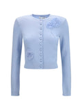 Self-Portrait Sculptural Floral-Appliqué Knit Cardigan — Blue