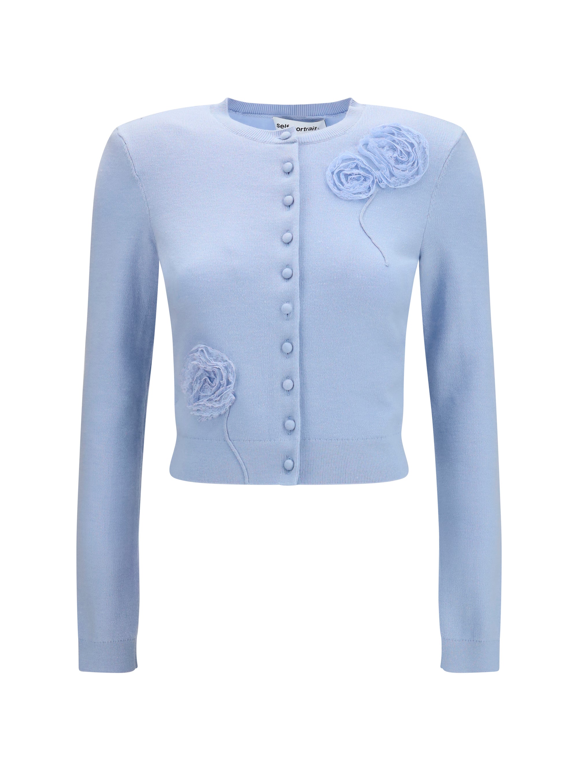 Self-Portrait Sculptural Floral-Appliqué Knit Cardigan — Blue