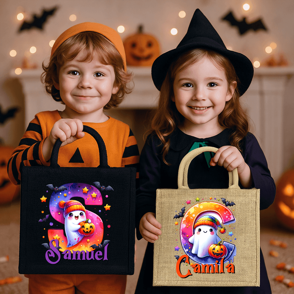 Personalizado lindo fantasma calabaza de gran capacidad bolsa de asas con el nombre y la inicial de Halloween Fiesta de Regalo para Niños Niñas