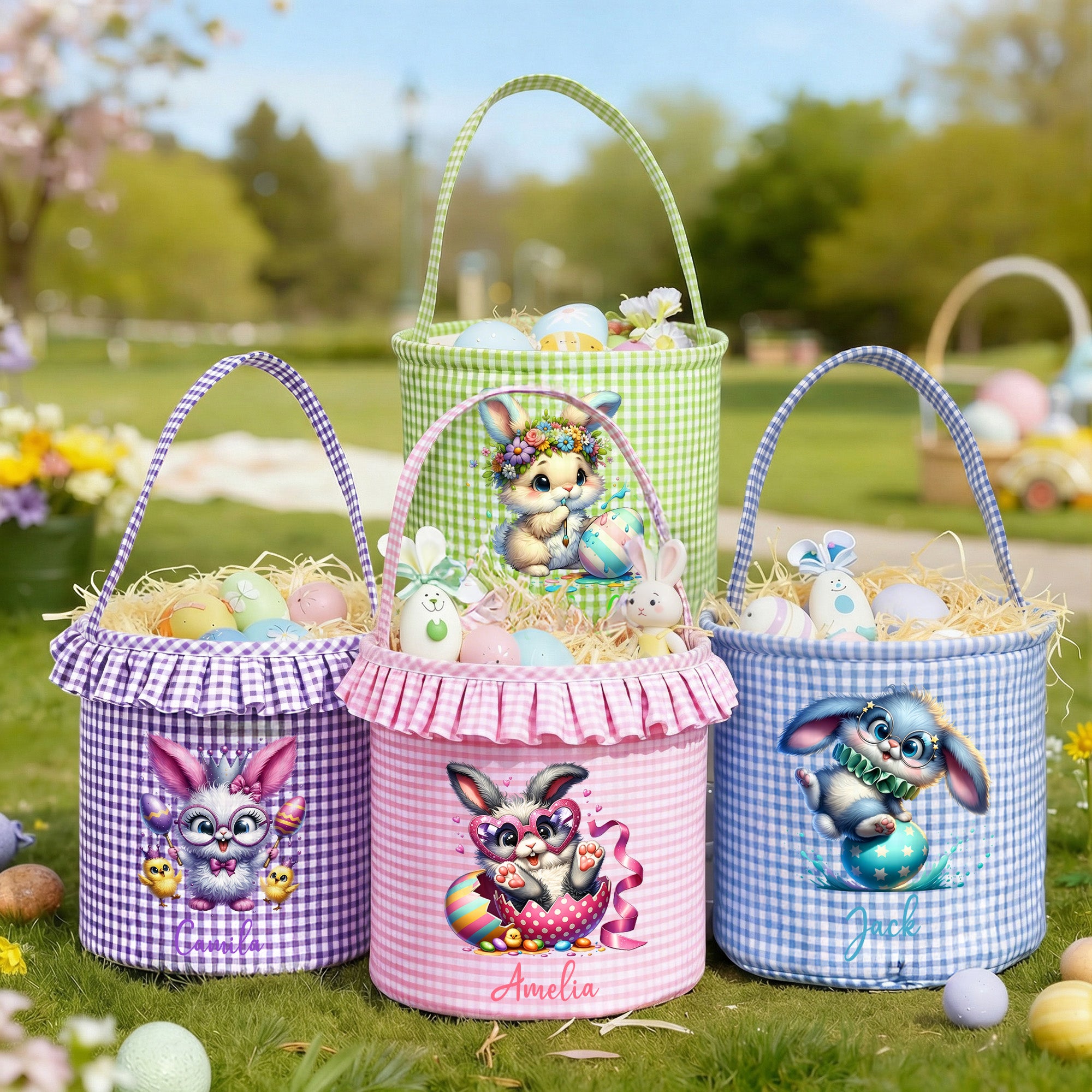 Conejo de Pascua divertido personalizado Huevos Cesta de Pascua a cuadros con nombre y volantes Huevos de caza Fiesta de Pascua Regalo para niños