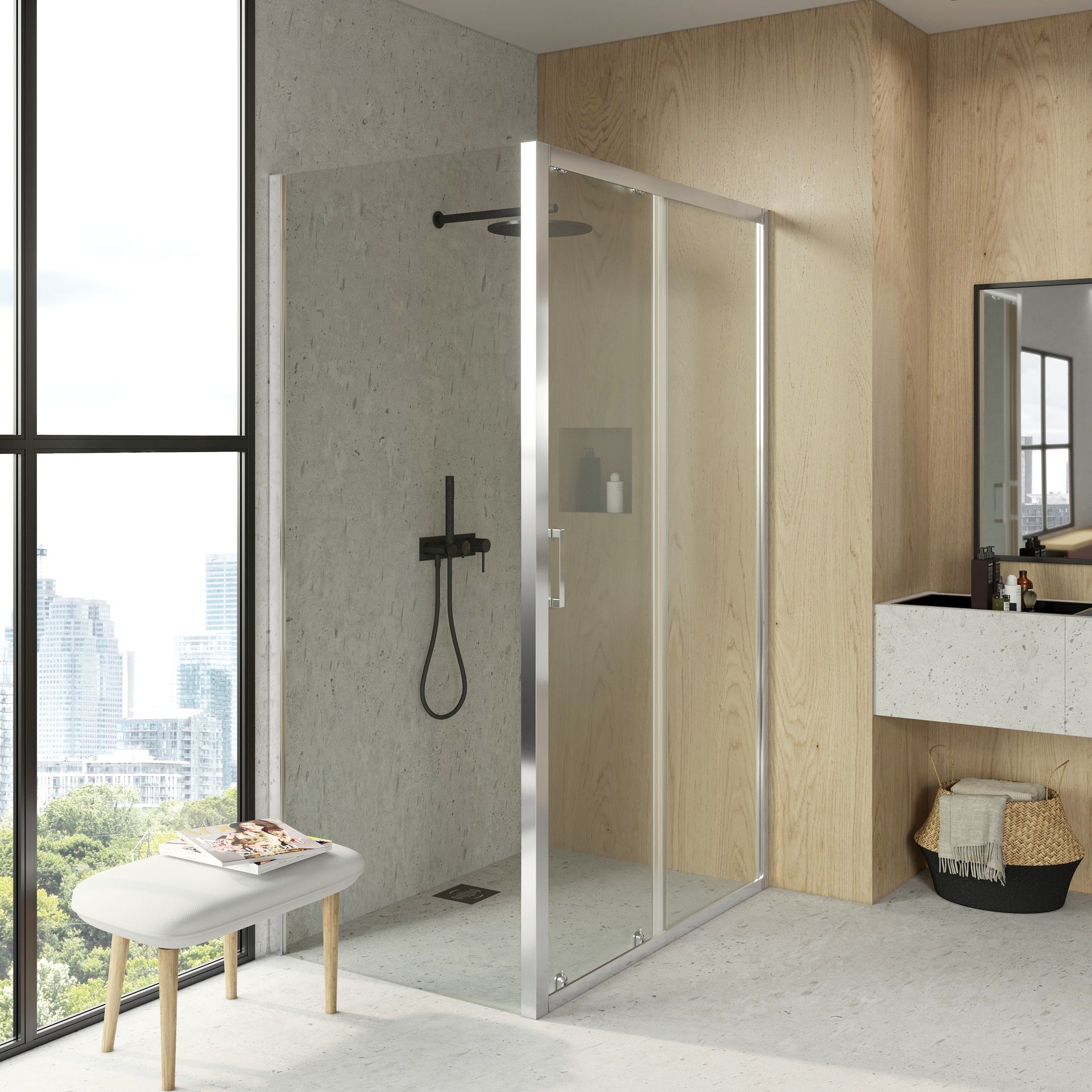 BATHME LONDON-3 Mampara Ducha Lateral Fijo+Frontal Corredera Cromo Transparente