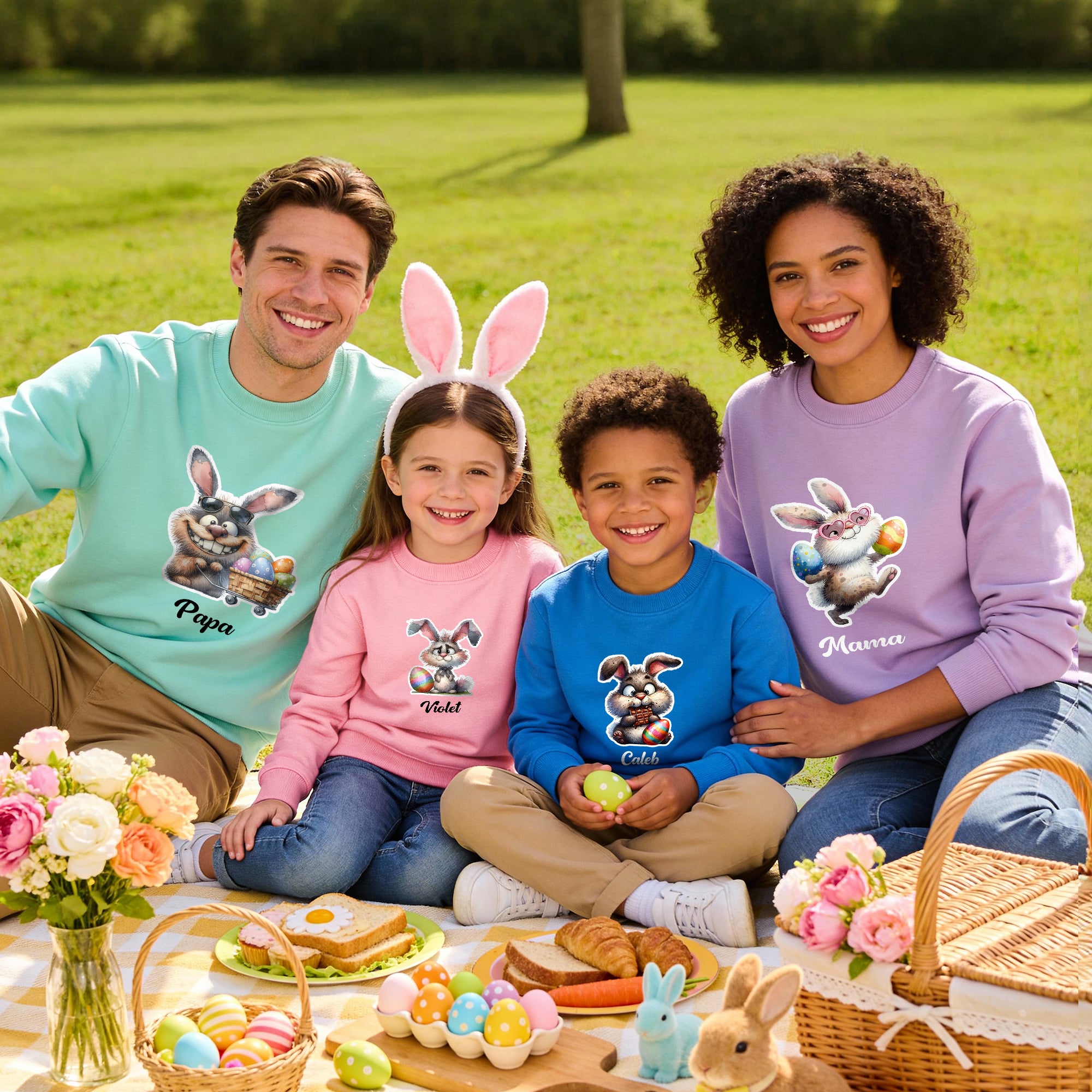 Personalizada Pascua Conejito Multicolor Niño/Adulto Camiseta Sudadera con Nombre Pascua Cumpleaños Regalo para Familia Niños
