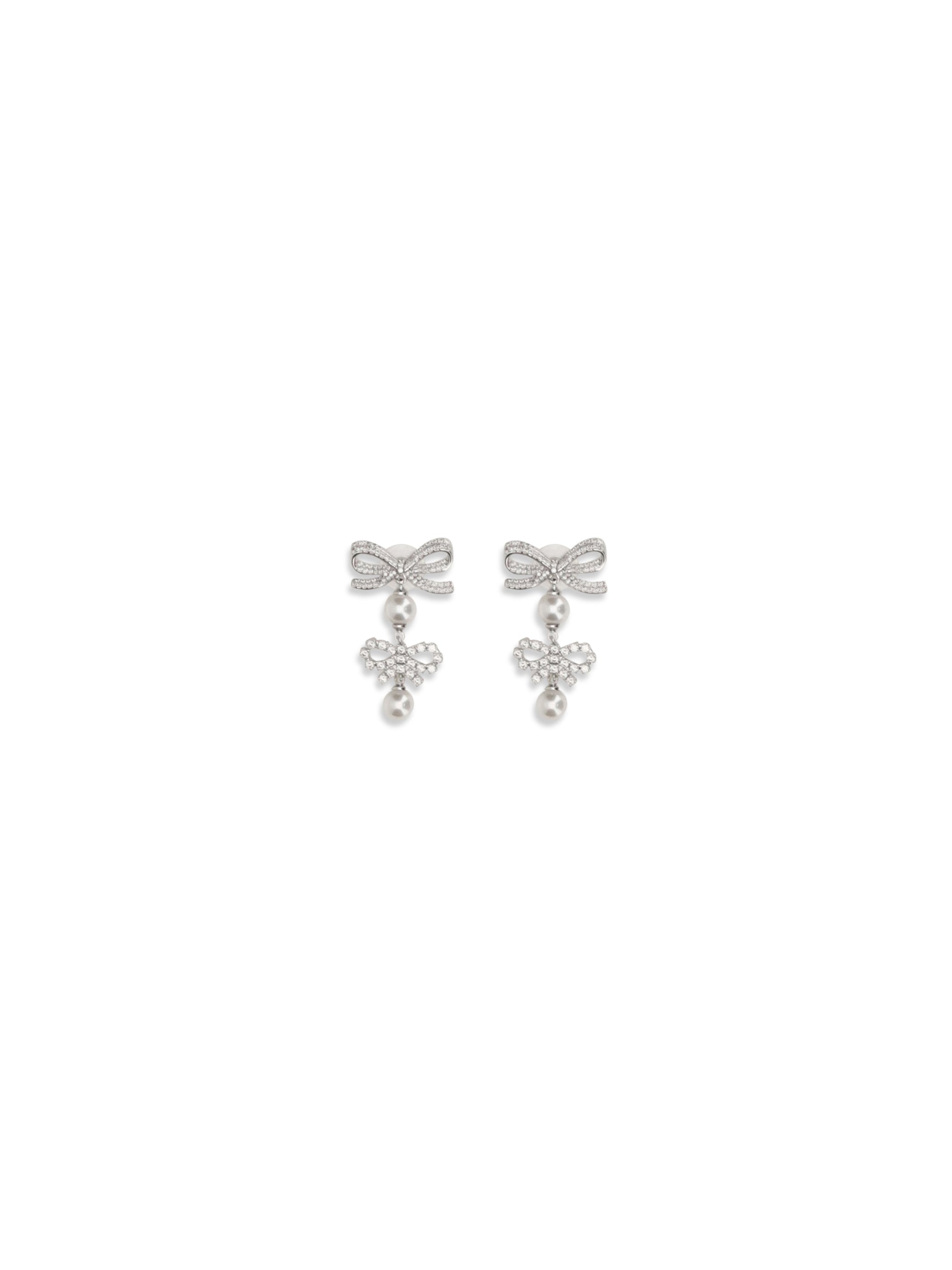 Self-Portrait Crystal and Pearl Bow Earrings — Silver