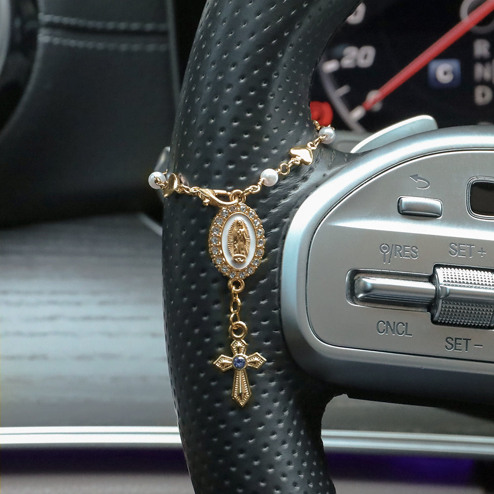 Personalizada Corazón Circonio Virgen María Volante Rosario Charm con Cruz y Birthstone Coche Decoración Comunión Bautizo Regalo religioso para los cristianos