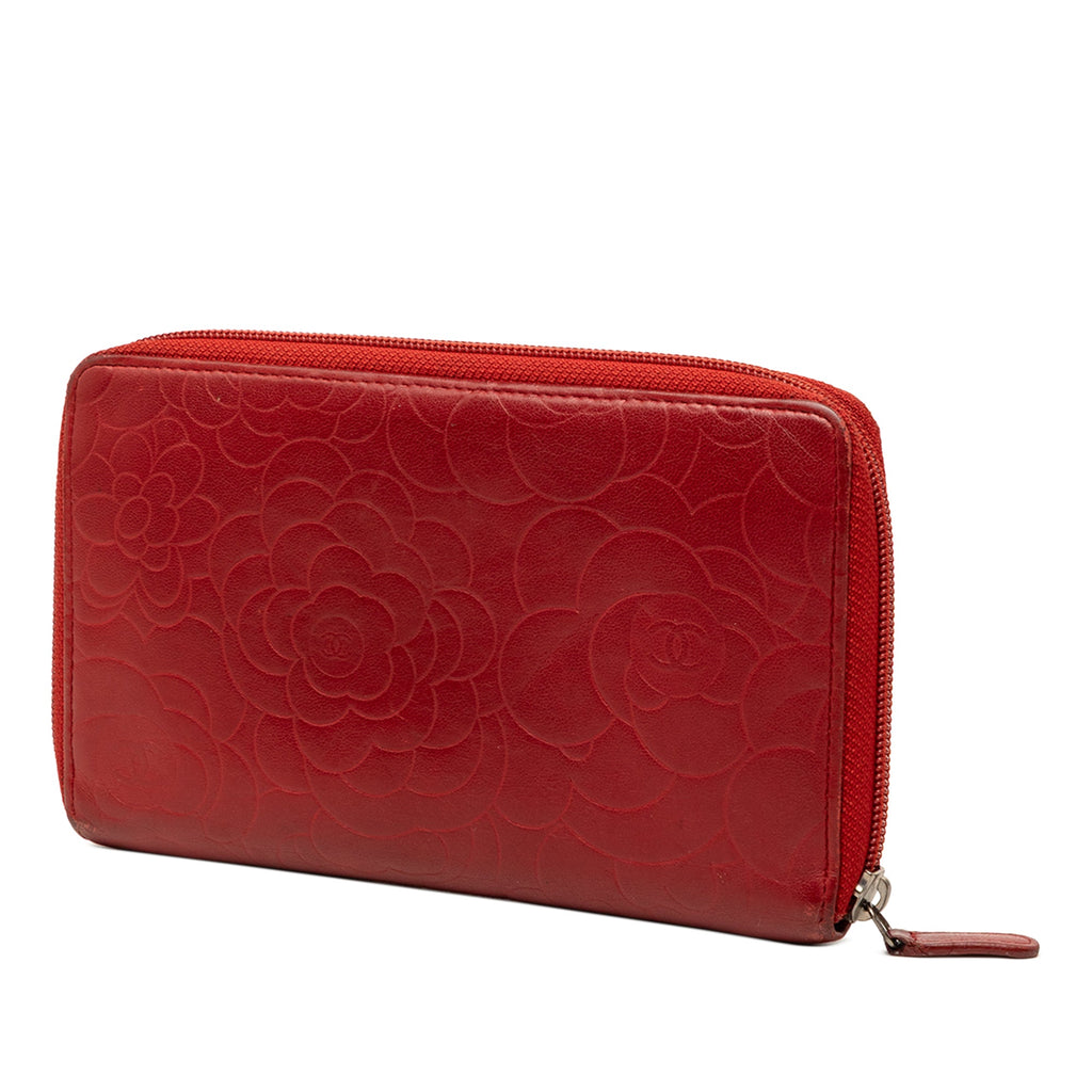 Embossed Lambskin Camellia Zip Around Long Wallet