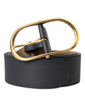 Men's Black Leather Classic Metal Oval Buckle Belt Calf