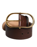 Men's Brown Leather Classic Metal Oval Buckle Belt Calf