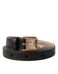 Women's Black Leather Long Skinny Gold Metal Buckle Belt Calf