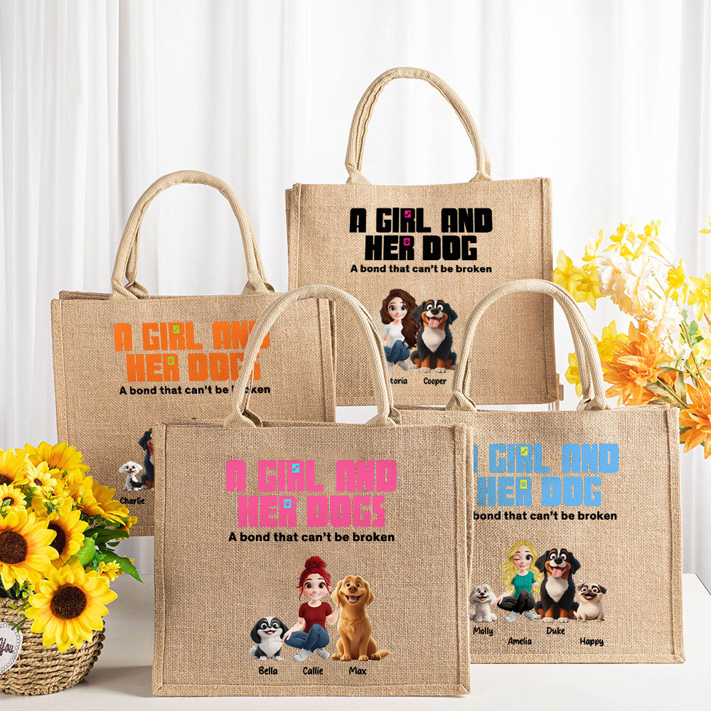 Personalizado Una chica y sus perros tienen un vínculo inquebrantable Bolsa de yute con nombre de dibujos animados en 3D Accesorio de viaje Regalo de cumpleaños para dueños de perros