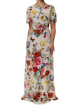 Women's White Floral Print Silk Sheath Longgown Dress 11+se