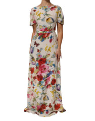 Women's White Floral Print Silk Sheath Longgown Dress 11+se