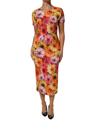 Women's Multicolor Floral Print Silksheath Midi Dress 11+se