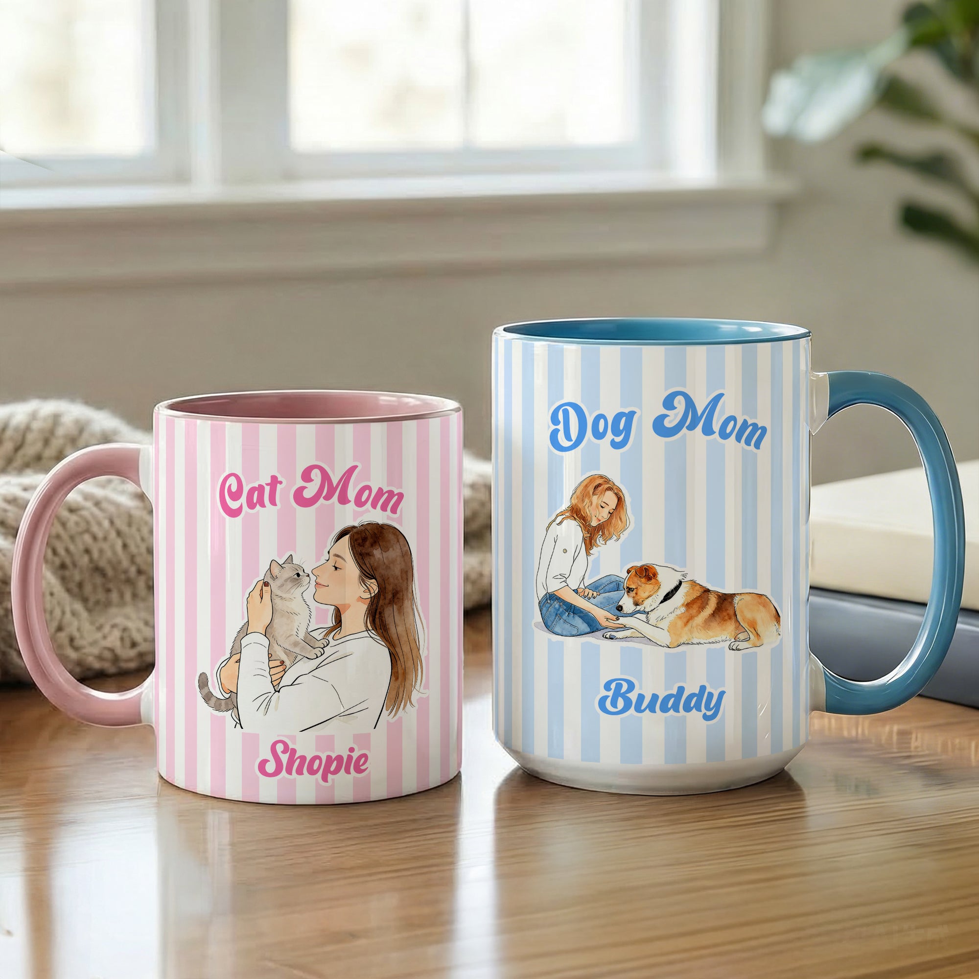 Taza de cerámica con nombre y posavasos personalizada con foto de la mascota Watecolor Stripe 11/15 oz Regalo de cumpleaños Día de la Madre para el dueño amante de las mascotas