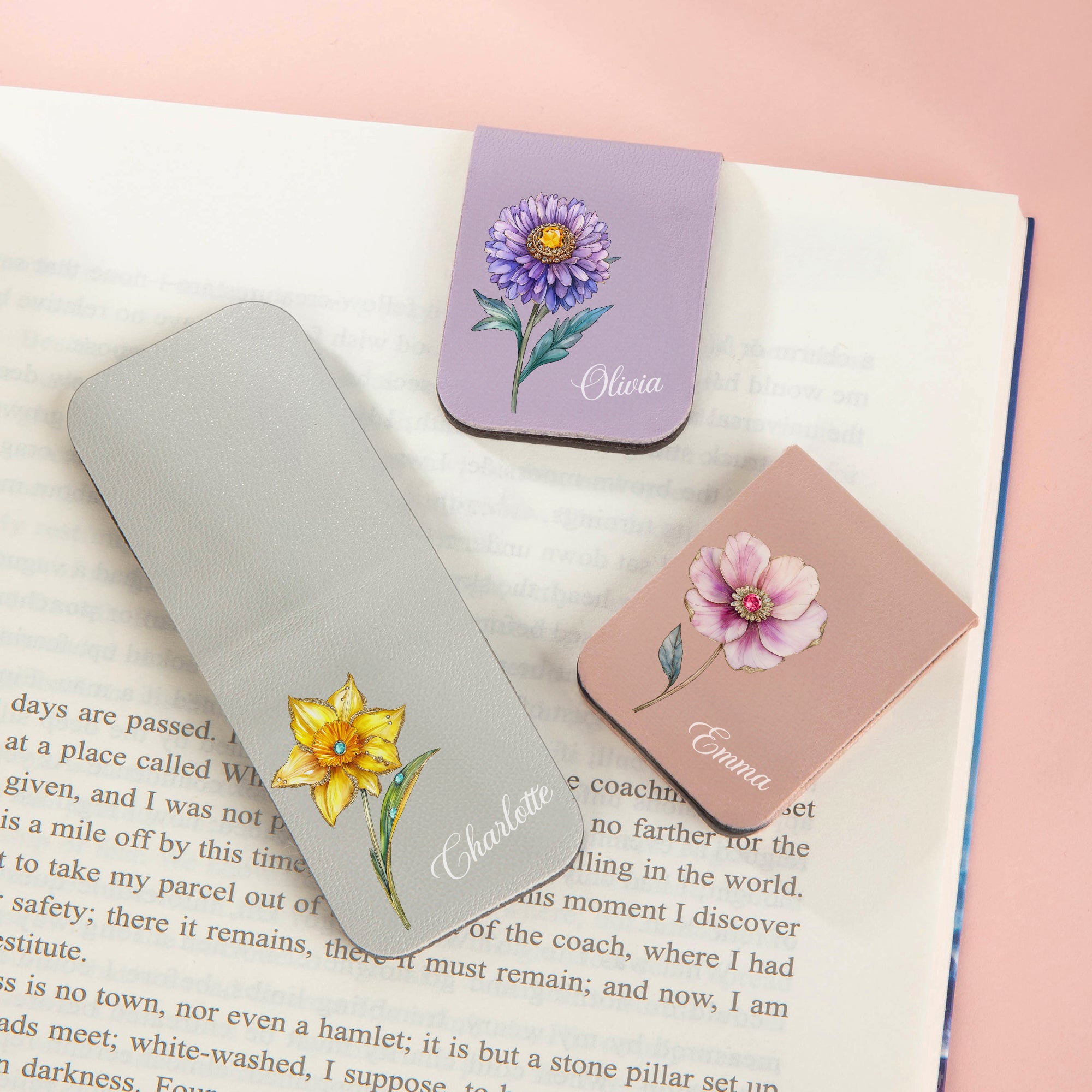 Personalizado Retro Nacimiento Flor magnético de cuero de la PU Marcapáginas Clip con nombre Club de lectura Regalo de cumpleaños para los amantes de la lectura Ratones de biblioteca