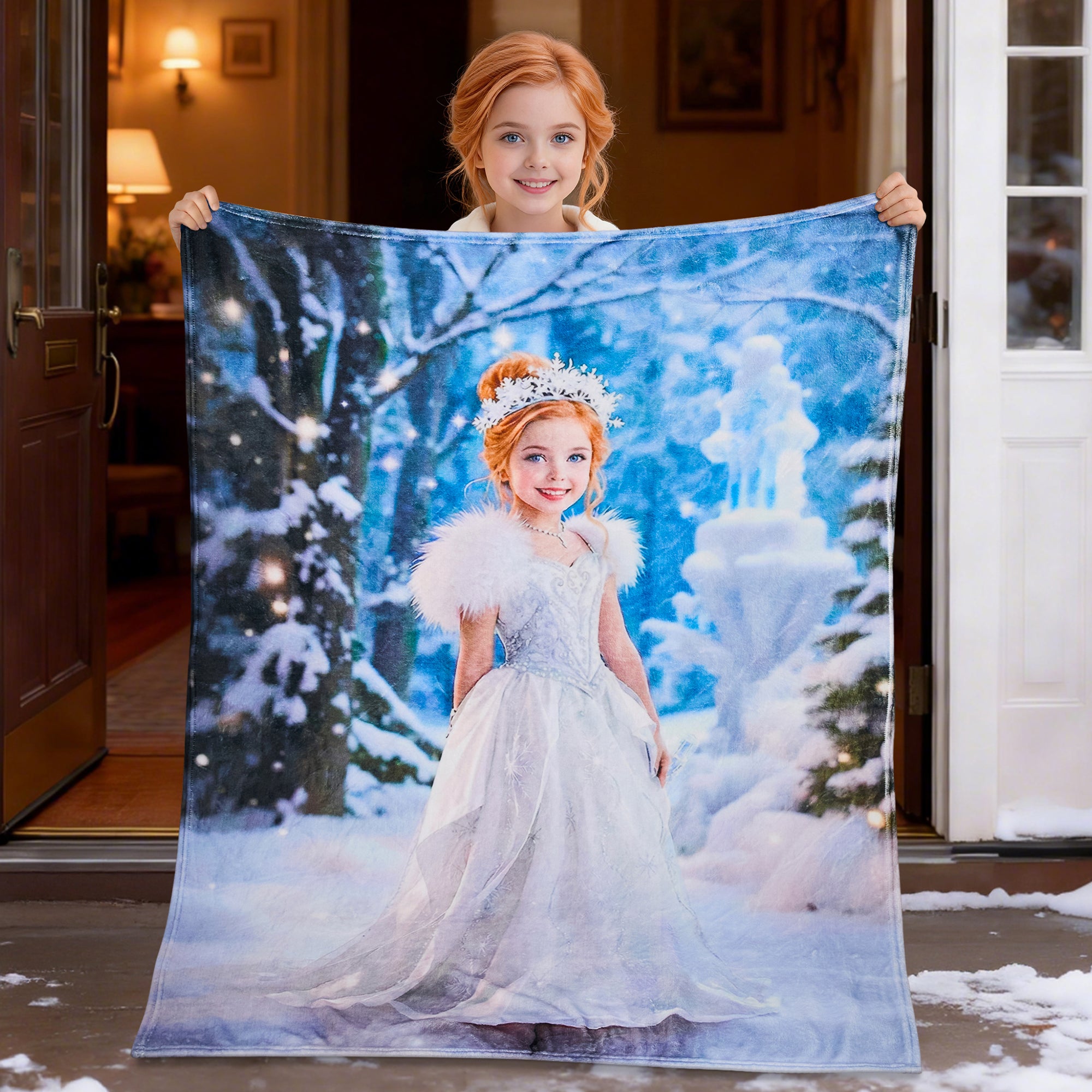 Personalizada Frozen Forest Princess Photo Sparkling Snow Scene Manta Suave con Nombre Decoración del Hogar Regalo de Cumpleaños para Niña