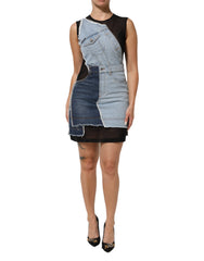 Women's Blue Nylon Patchwork Denim Sheath Mini Dress Co+12+pa