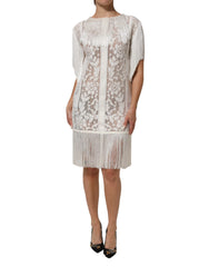 Women's White Floral Lace Fringe Knee Length Dress Co+pa
