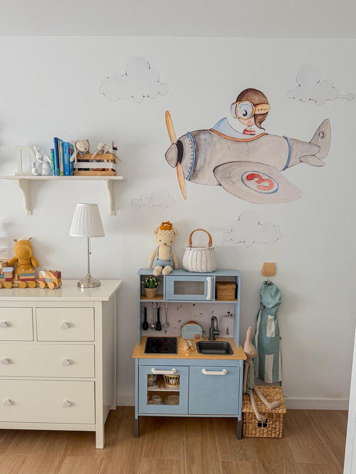 Vinilo Decorativo Infantil CUCO AVIADOR - Decoración Soñadora para el Cuarto del Bebé
