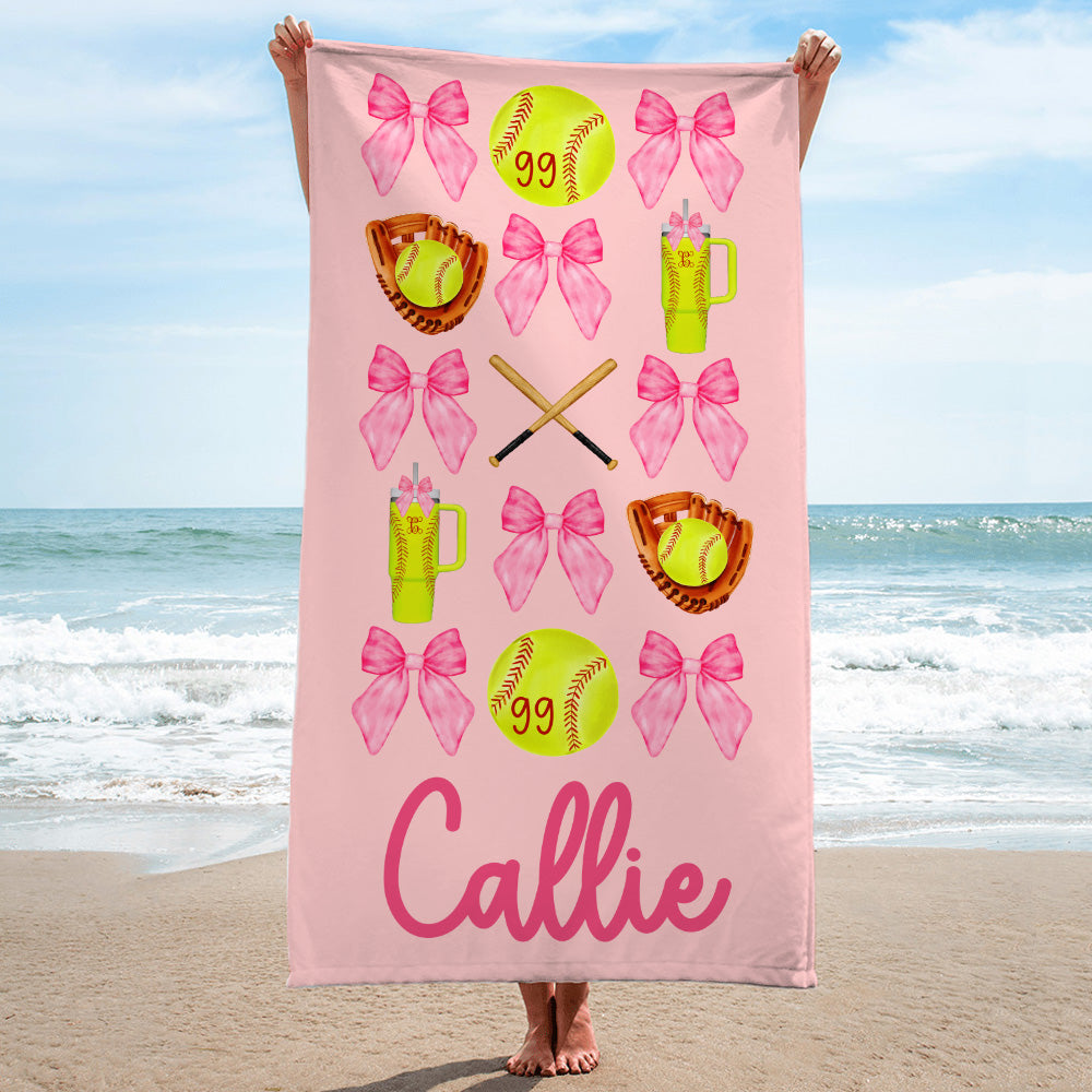 Toalla de playa personalizada con lazo de béisbol de gran tamaño y secado rápido con nombre Accesorio de vacaciones de verano Regalo de cumpleaños para niñas amantes de los deportes