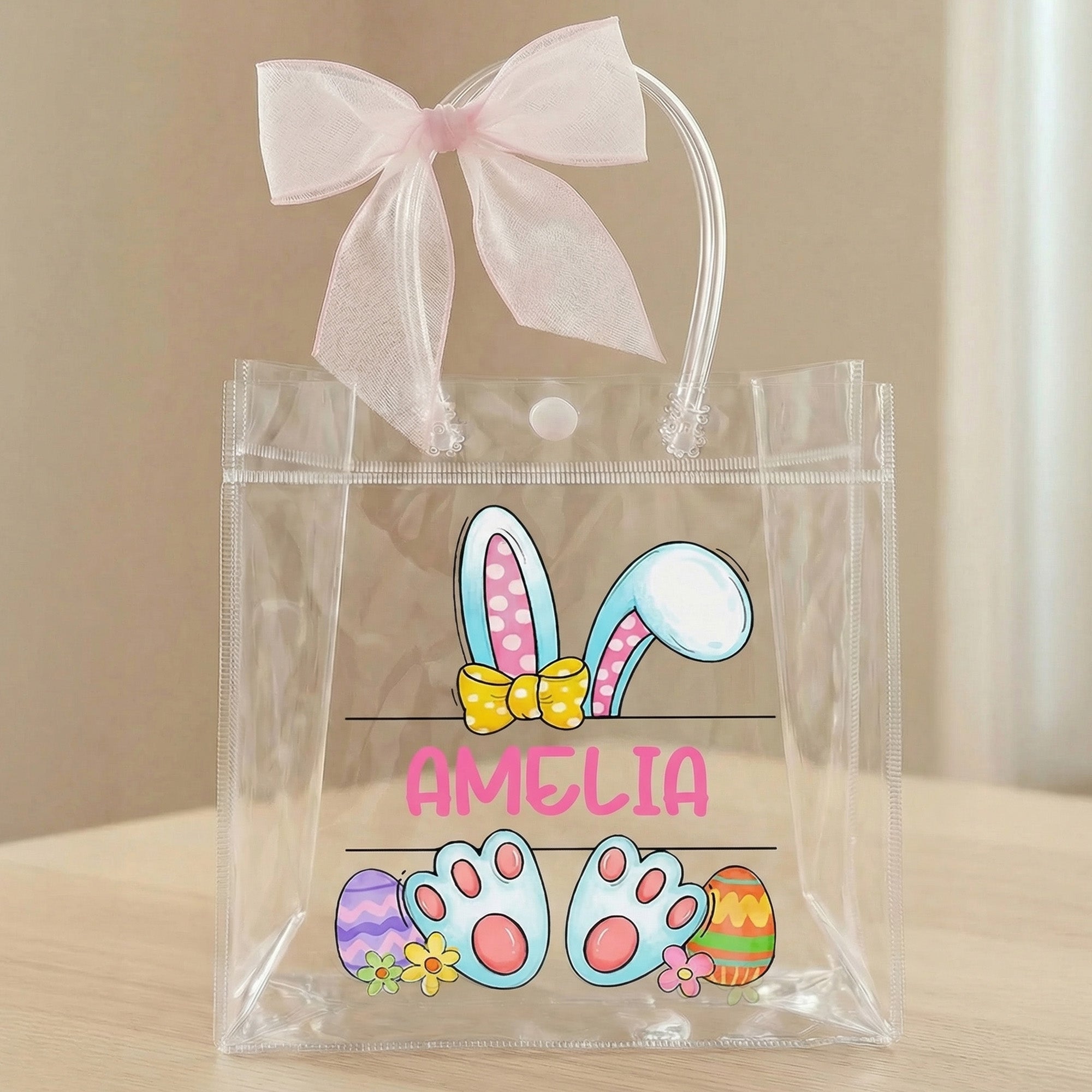 Lazo rosa personalizado con orejas de conejo Bolsa de regalo transparente con el nombre de Pascua Fiesta de Regalos para Niños