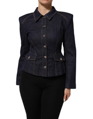Women's Dark Blue Cotton Collared Denim Coat Jacket Co+02+elastomultyester Clothing