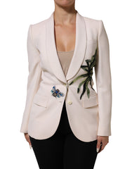 Women's Beige Embroidered Single Breasted Jacket Clothing