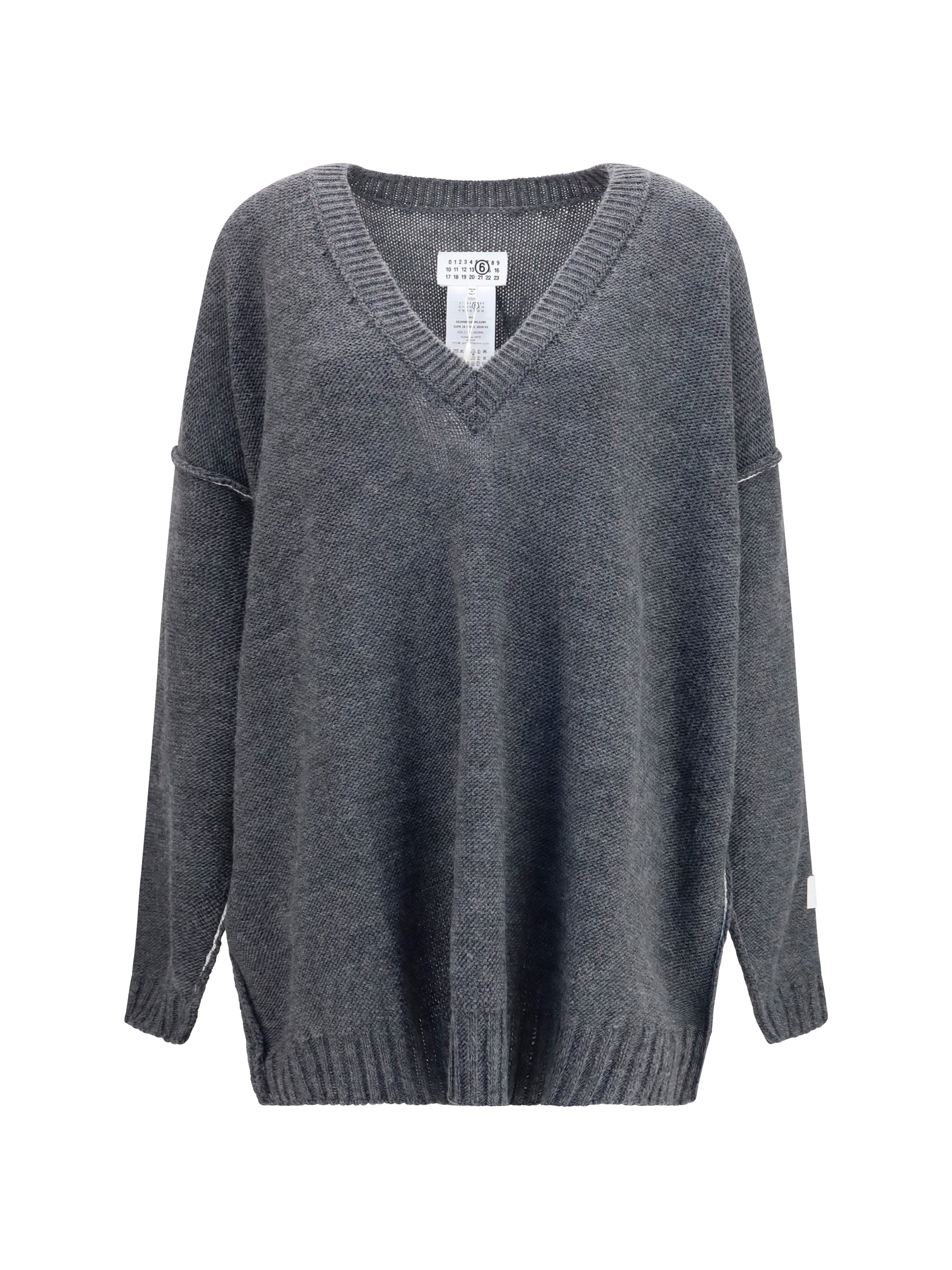 MM6 Maison Margiela Oversized V-Neck Wool-Blend Knit Sweater — Gray