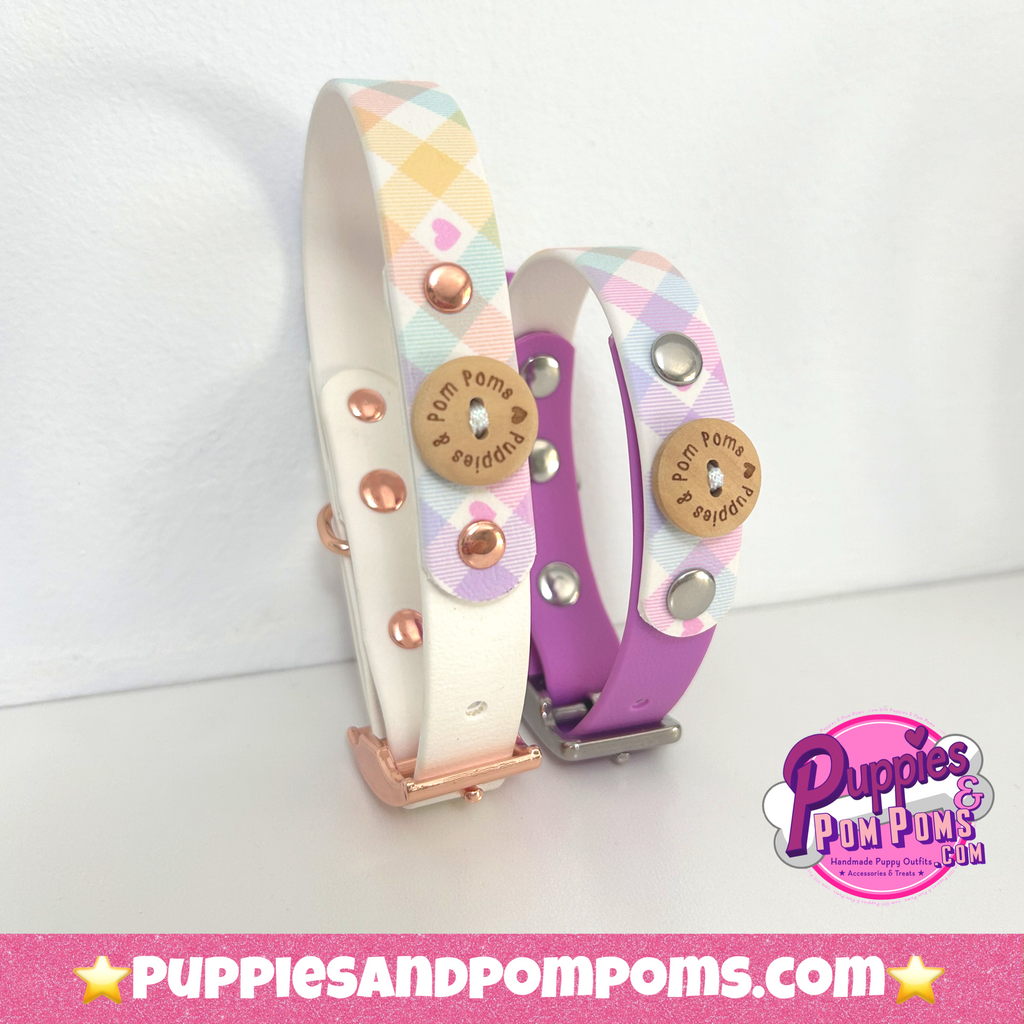 Handmade Dog Collar - Pastel Vichy - White
