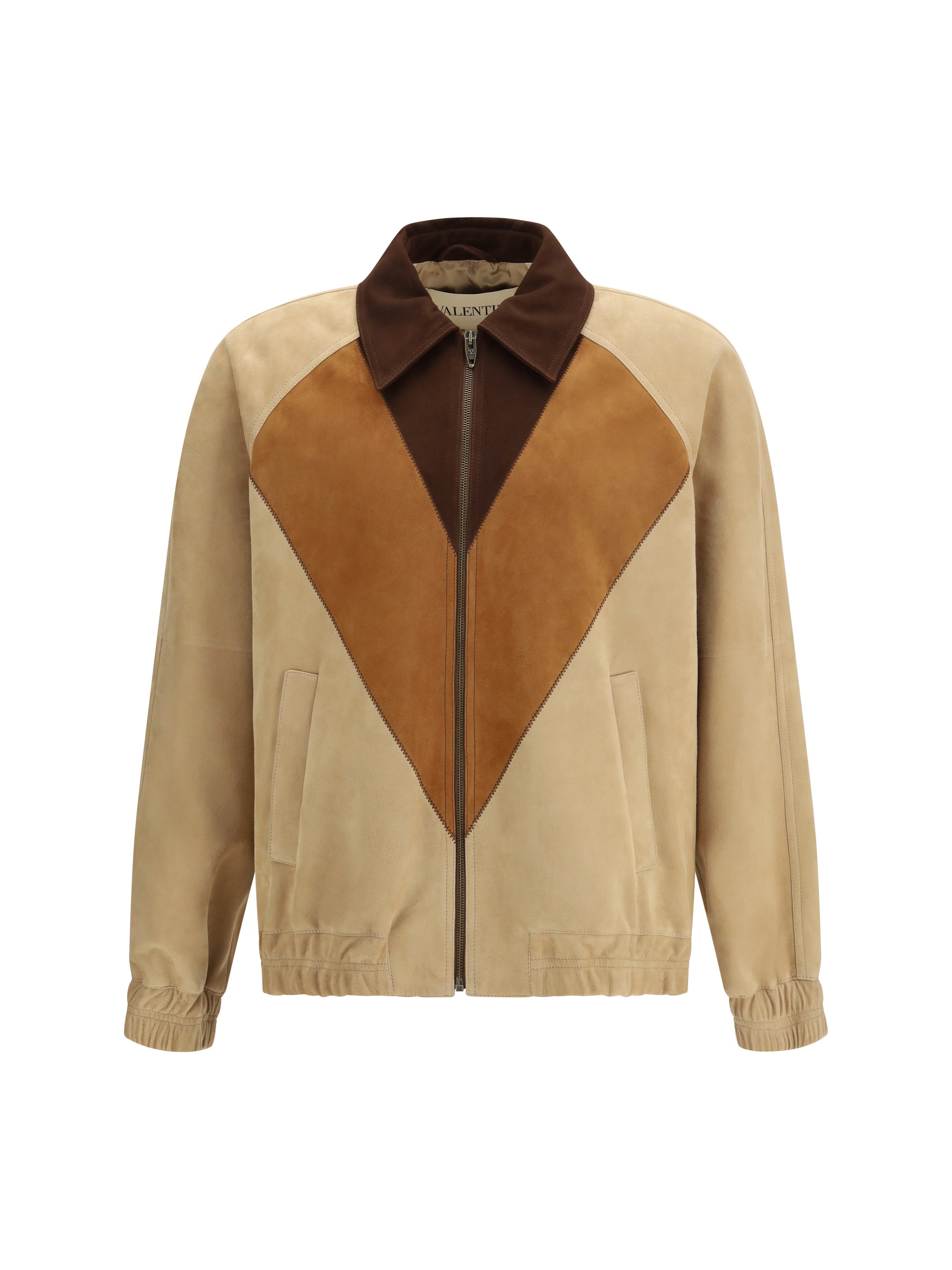 Valentino Geometric Suede Colorblock Jacket — Beige