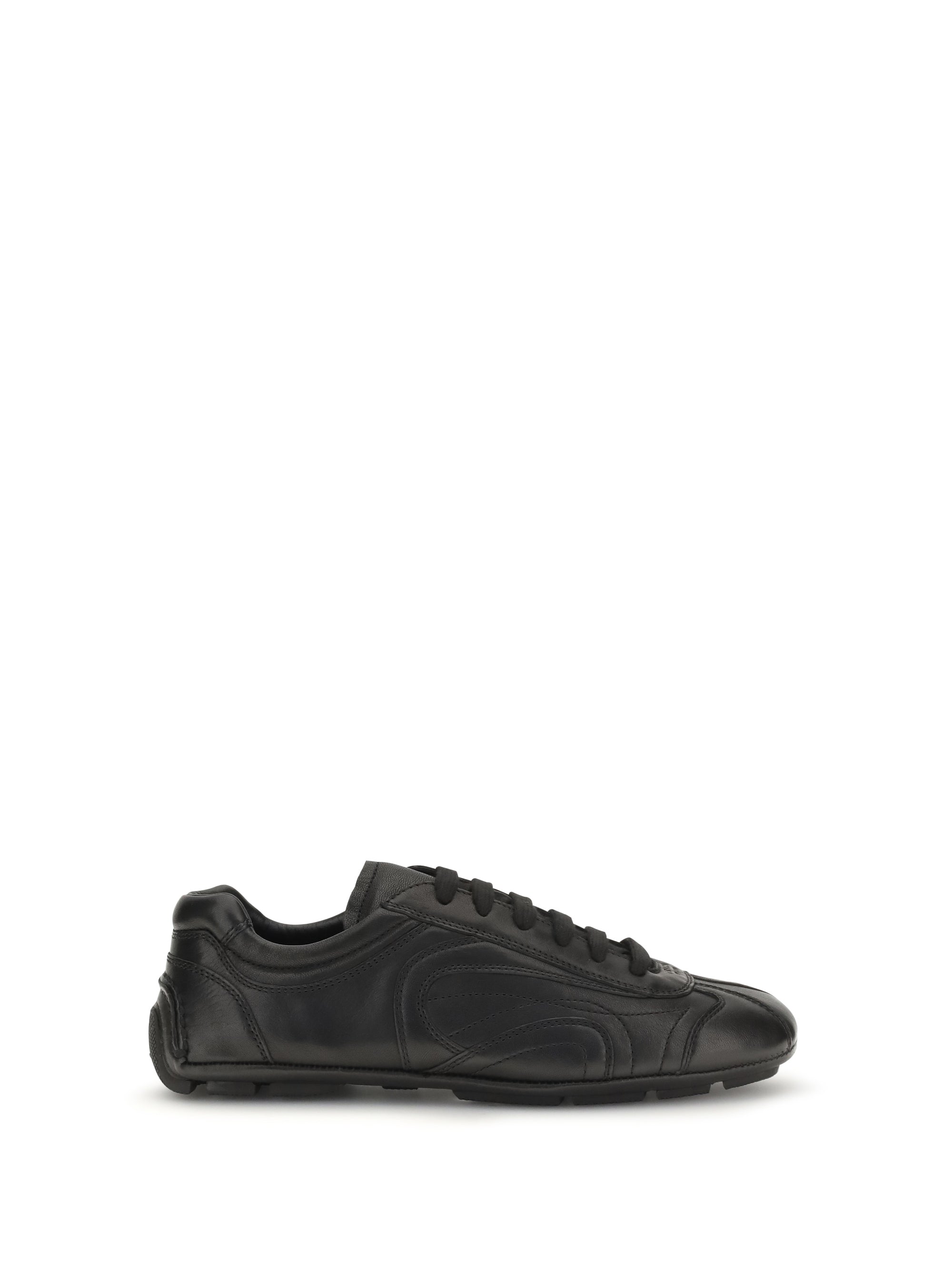 Prada Leather Lace-Up Low-Top Sneaker — Black