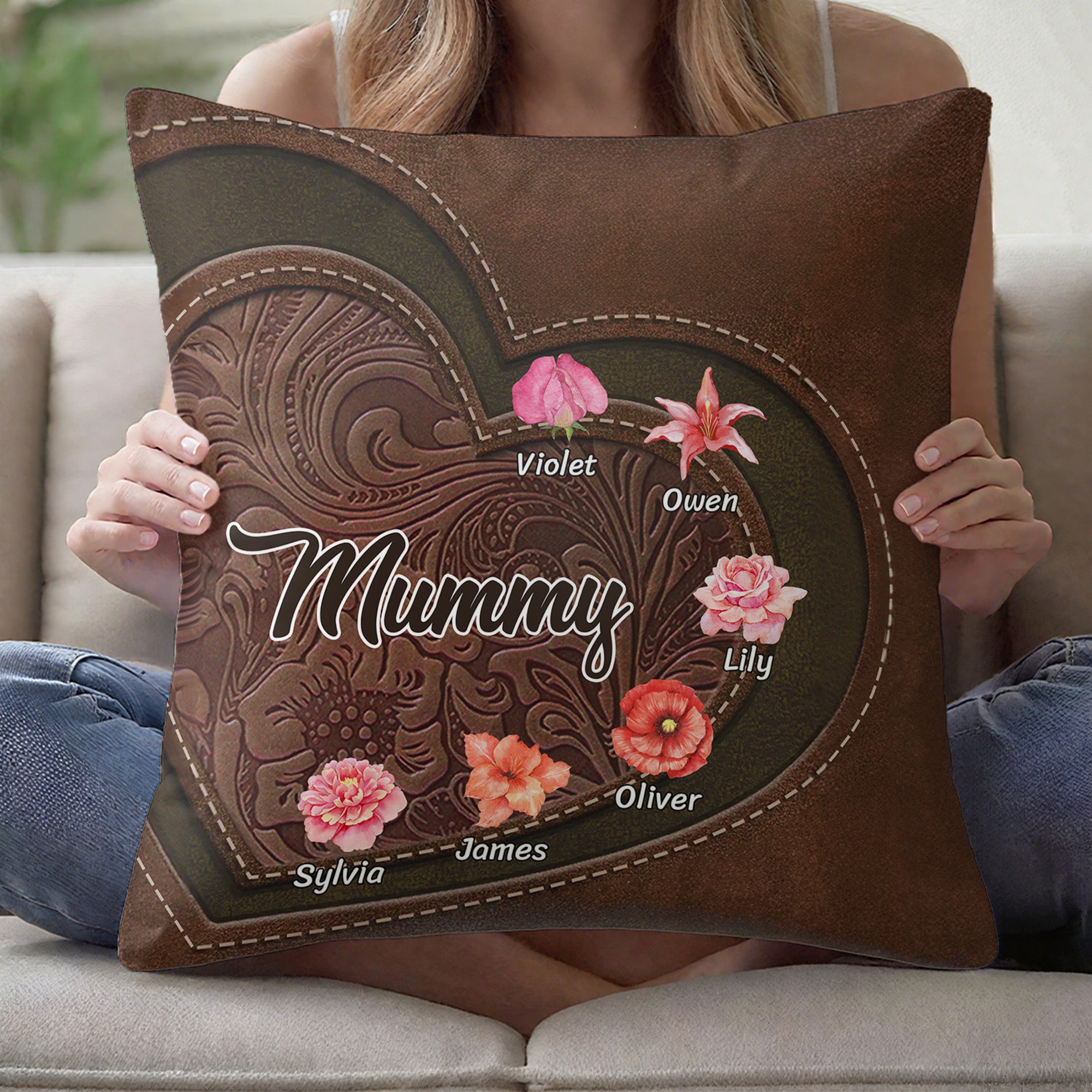Personalizada Vintage Corazón Nacimiento Flor Funda Almohada con 1-12 Nombres Decoración del Hogar Cumpleaños Navidad Regalo para Mamá Abuela