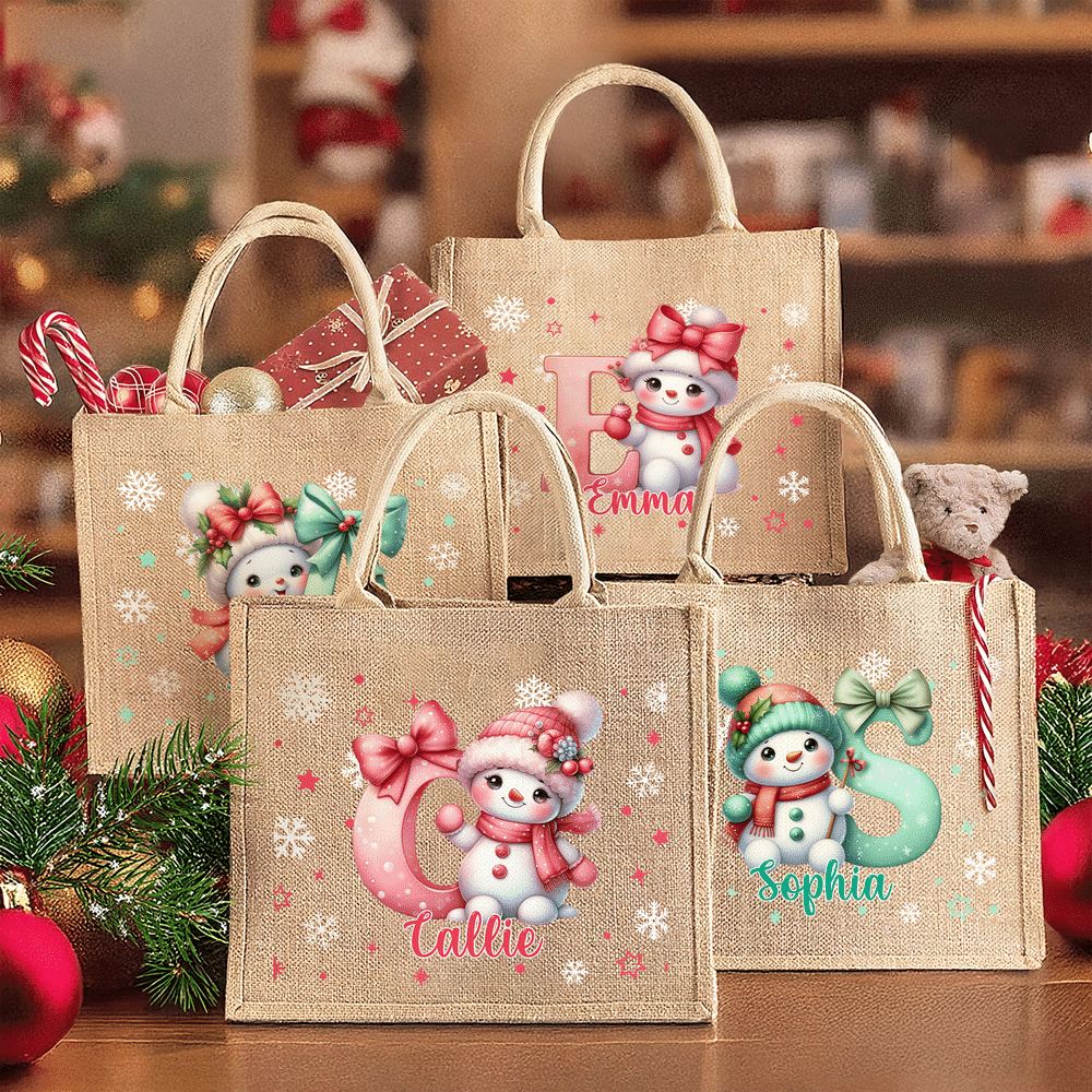 Personalizado de dibujos animados de Santa sombrero muñeco de nieve arco inicial bolsa de yute con el nombre de cumpleaños de Navidad de regalo para la familia amigos
