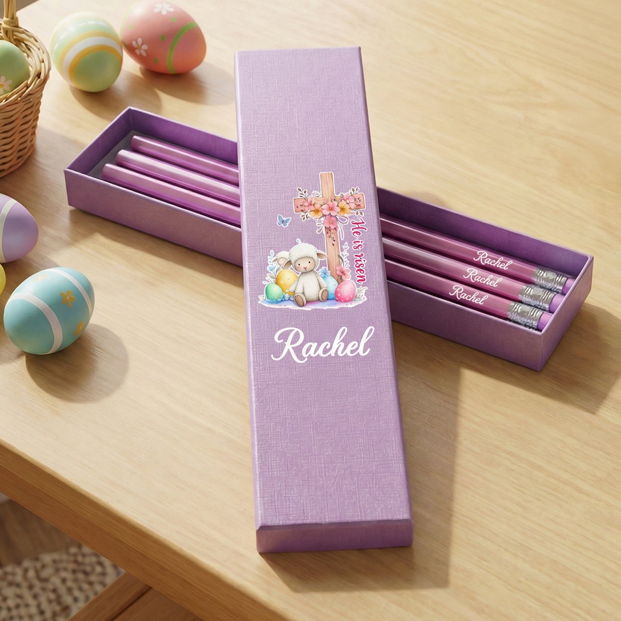 Estuche y paquete de 12 lápices personalizados He Is Risen Easter Egg con nombre Regalo de Pascua y vuelta al cole para niños Niñas