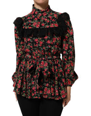Women's Black Floral Print Long Sleeve Blouse Top