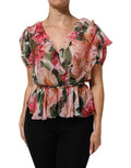 Women's Pink Camellias Printed Silk V-Neck Blouse Top
