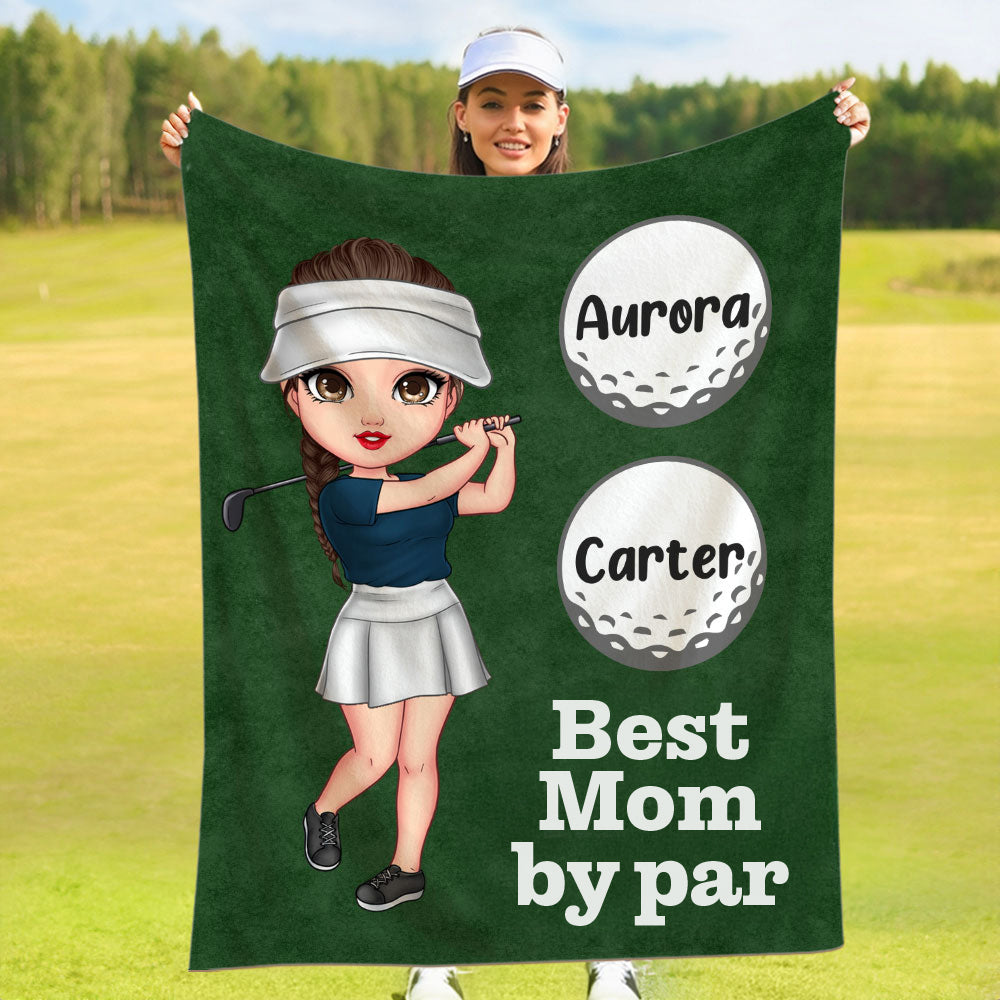 Manta blanda personalizada con diseño de jugador de golf de dibujos animados, título y 1-12 nombres Decoración del hogar Regalo de cumpleaños para la familia de entusiastas del golf
