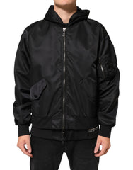 Black Nylon Hooded Full Zip Bomber Men Jacket Clothing