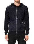 Men's Black Leather Full Zip Hooded Blouson Jacket Wv+lamb Clothing
