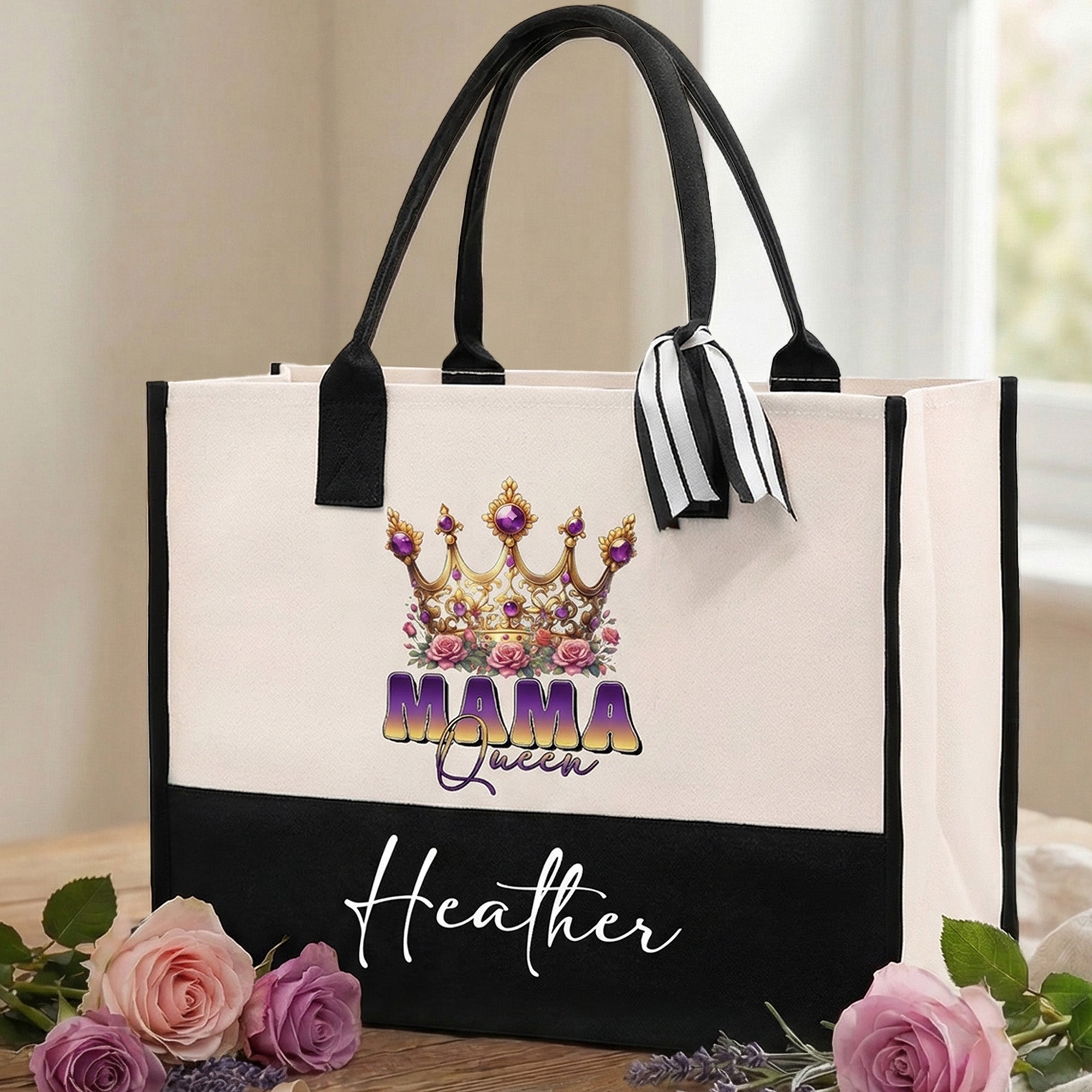 Personalizada Mamá Reina Corona Floral Bolsa de asas grande portátil con nombre Accesorios de viaje Día de la Madre Regalo de cumpleaños para mujeres Mamá
