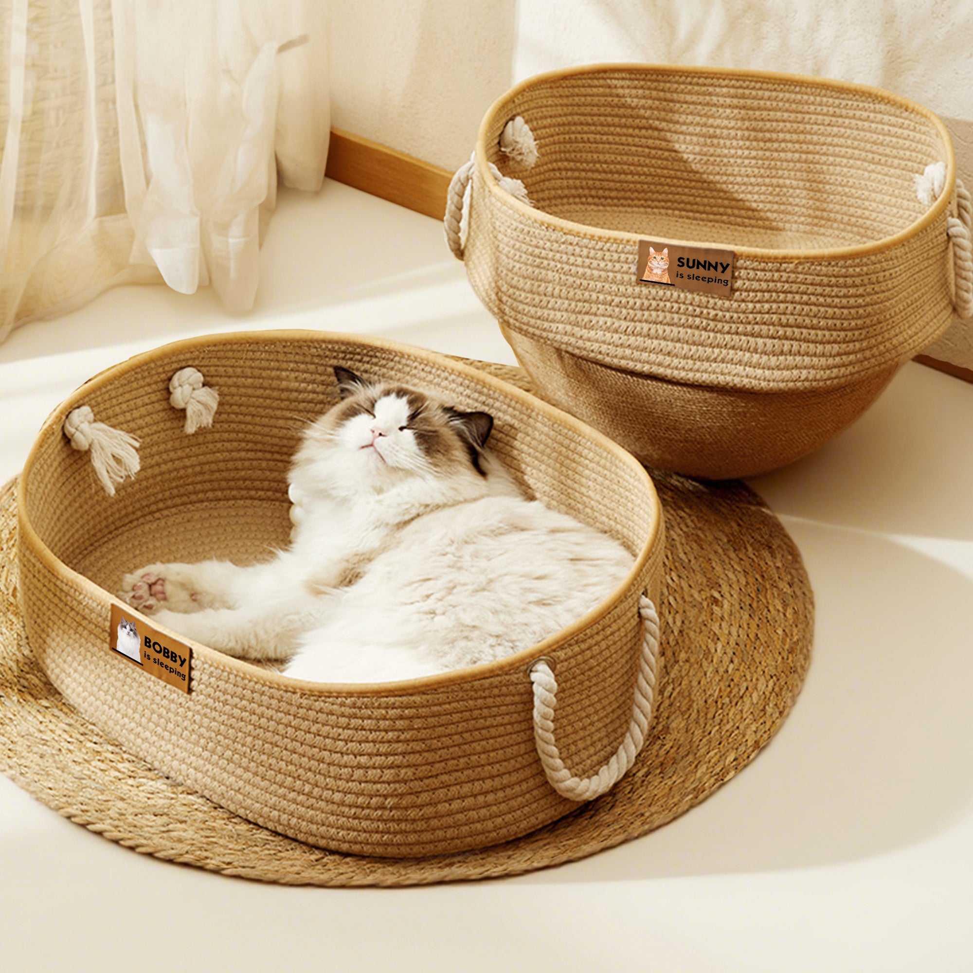 Cesta de lino personalizada con asa y nombre para gatos medianos y grandes para uso diario Regalo de cumpleaños y día de la adopción para dueños de mascotas