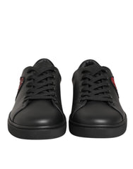 Women's Black Leather Crystal Heart Sneakers Shoes Calf