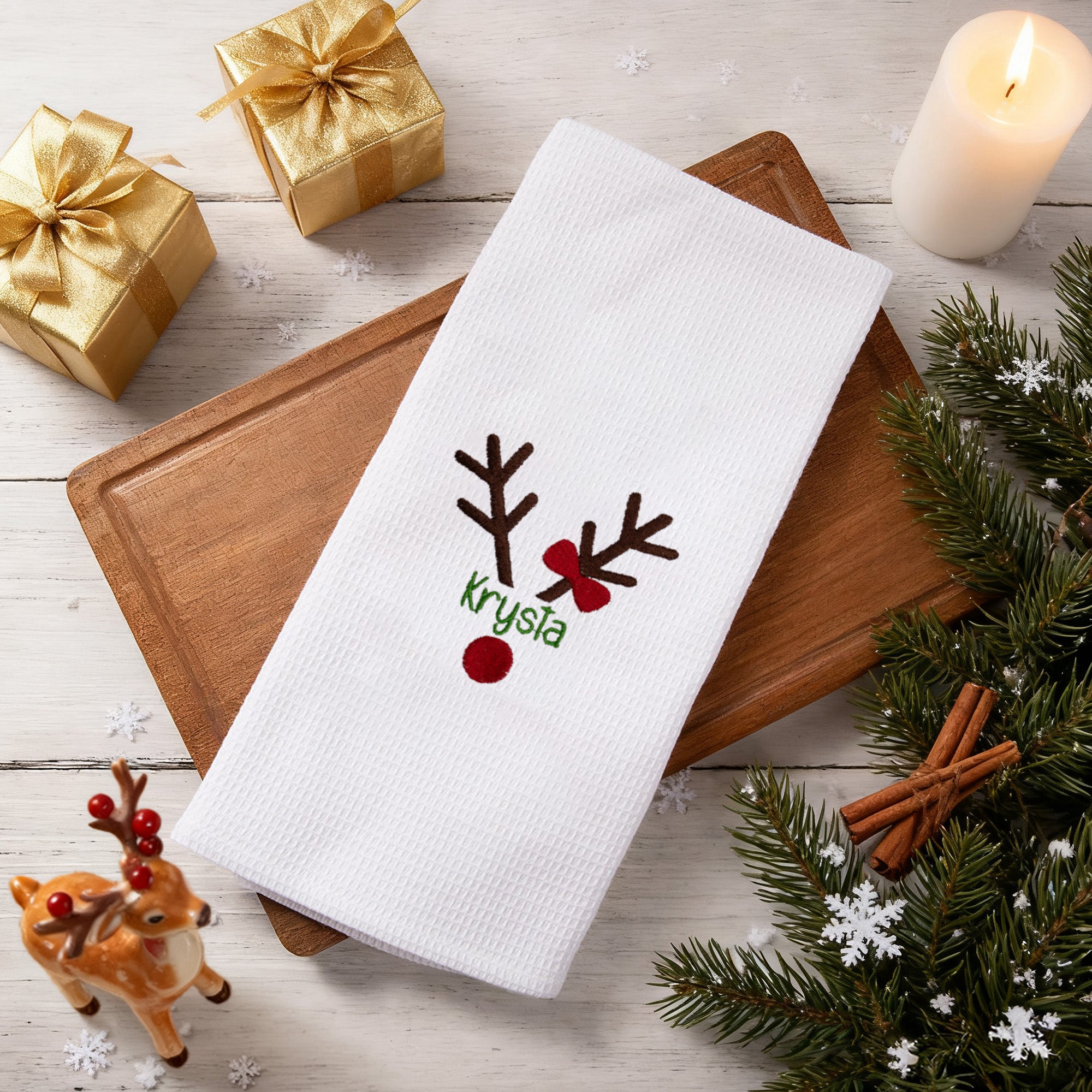 Personalizado bordado de Navidad Reno Waffle Toalla de Té con Nombre Cocina Decoración Navidad Regalo para la Familia Amigo