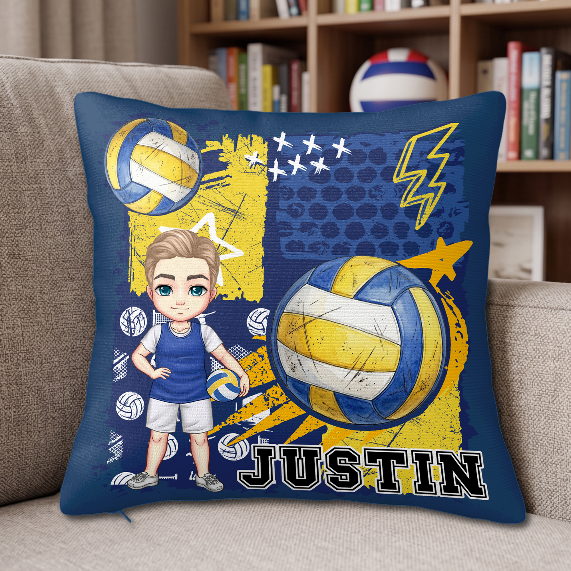 Funda de cojín personalizada de voleibol de dibujos animados con nombre y número Decoración del hogar Aniversario Cumpleaños Regalo para jugadores de voleibol