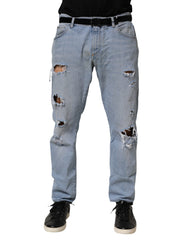 Men's Blue Cotton Distressed Slim Fit Denim Jeans Co+01 Clothing