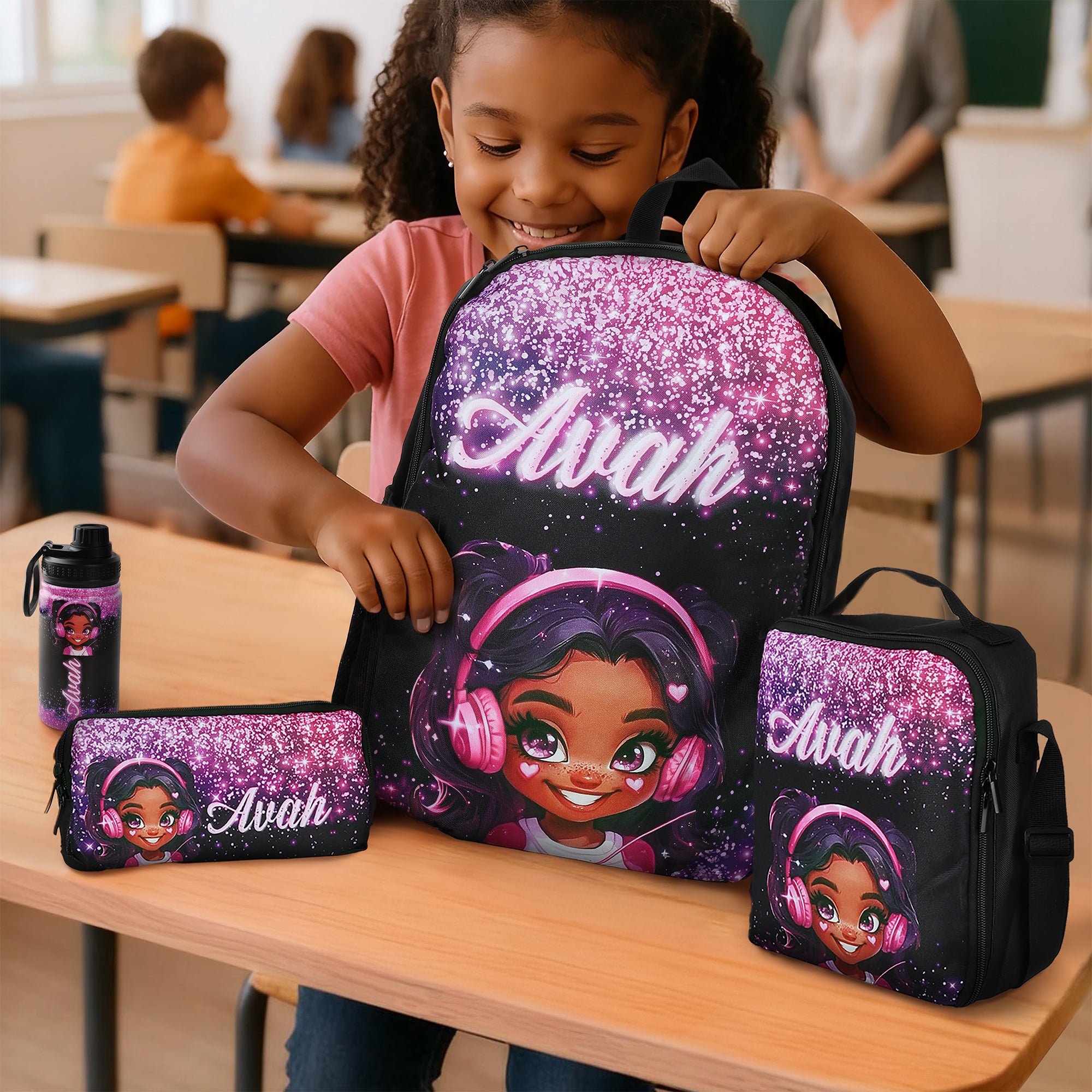 Mochila negra personalizada de dibujos animados Bolsa de almuerzo Estuche para lápices Juego de botella de agua con nombre Regalo de cumpleaños de vuelta al cole para niñas negras