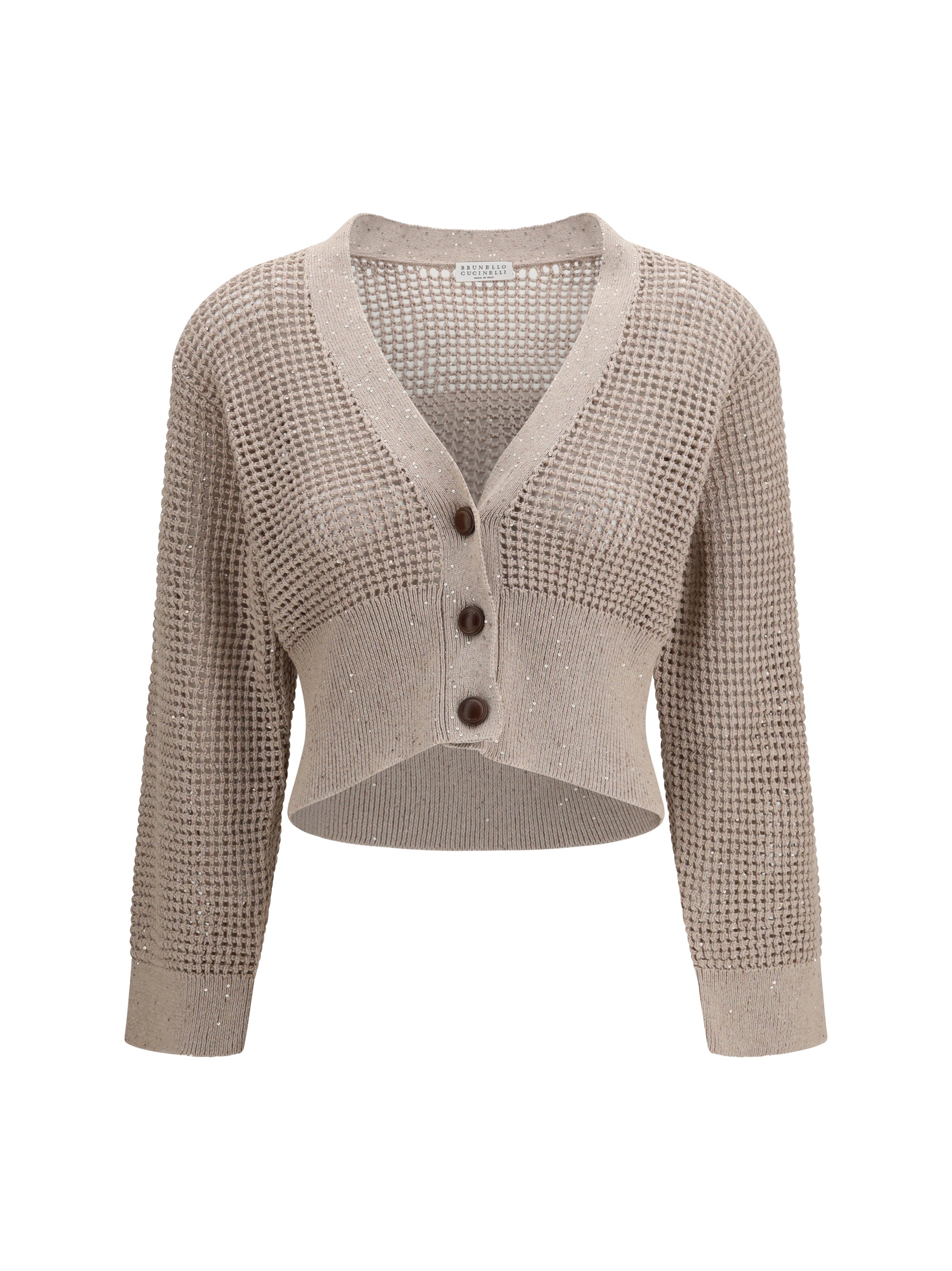 Brunello Cucinelli Sequined Mesh Cardigan — Beige