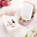 Caja de joyería de cuero de la PU de la muchacha personalizada del ballet de la historieta con el nombre y el viaje esencial del espejo del maquillaje del LED tres-color regalo de cumpleaños para ella