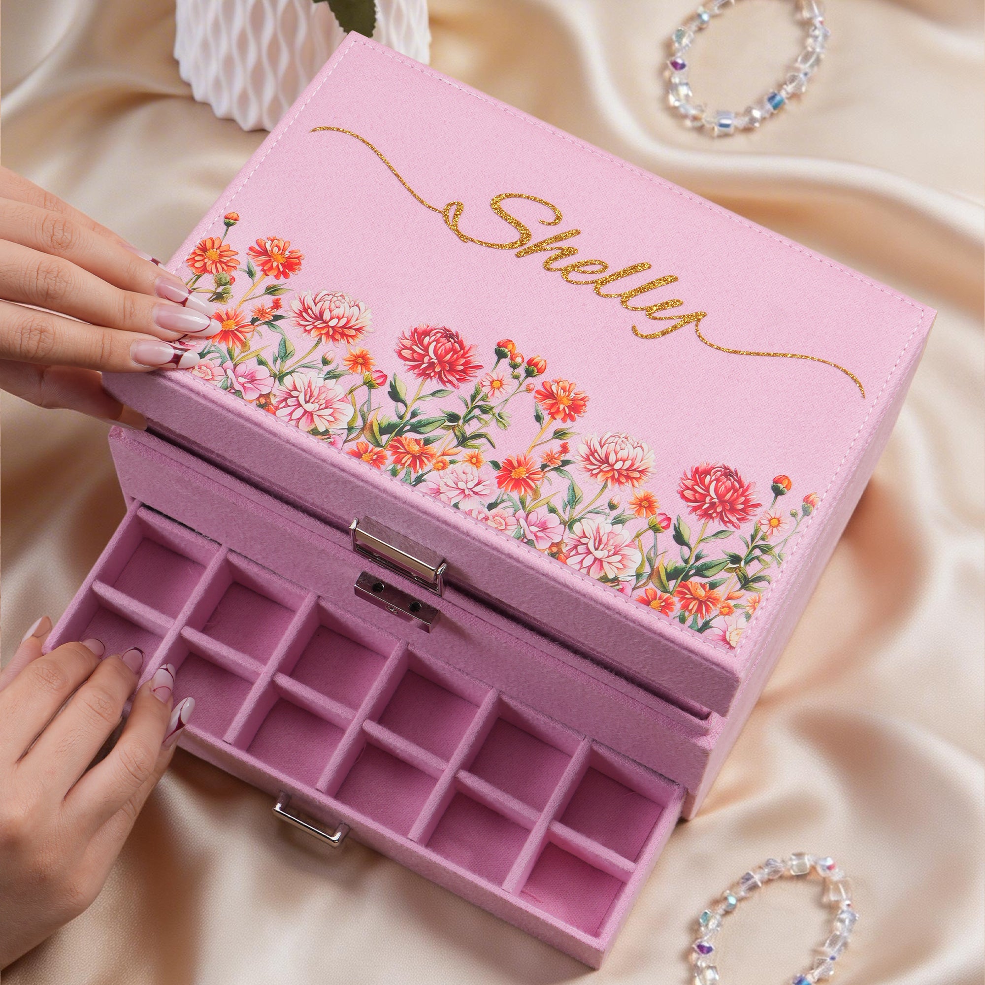 Personalizado Nacimiento Flor Multi-Compartimentos Joyero Terciopelo con Nombre Uso Diario Cumpleaños Día de la Madre Regalo para Mujer Mamá
