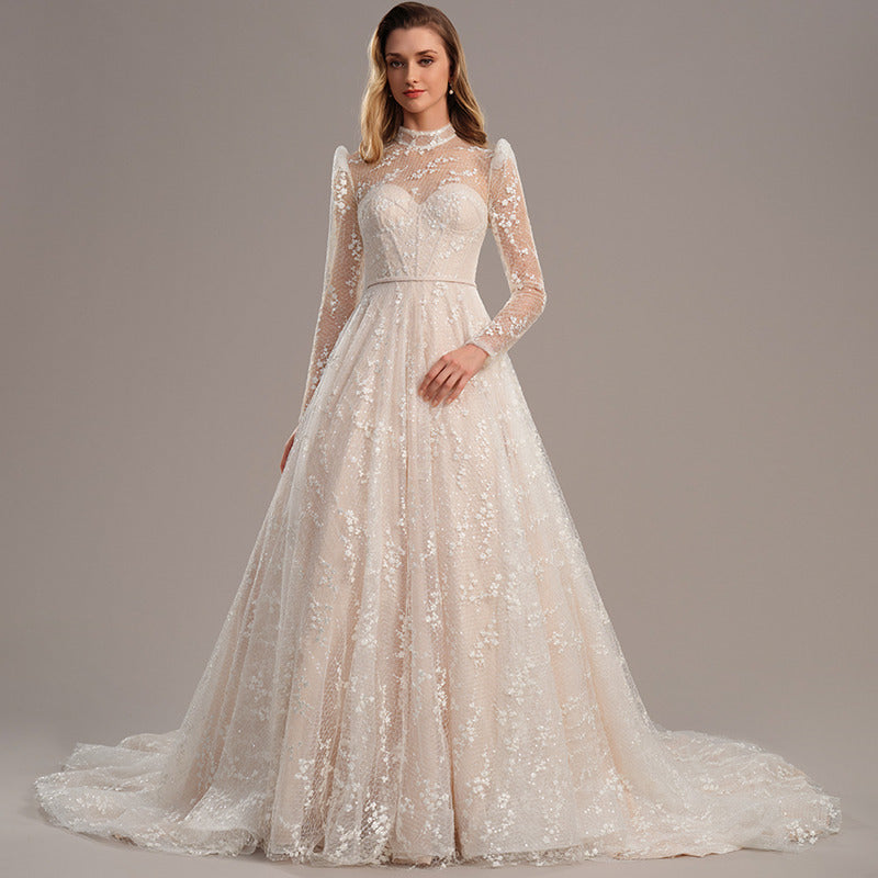 Bridal Wedding Dress Ivory-Nude Long Sleeve Long High Neck Ball-Gown Princess